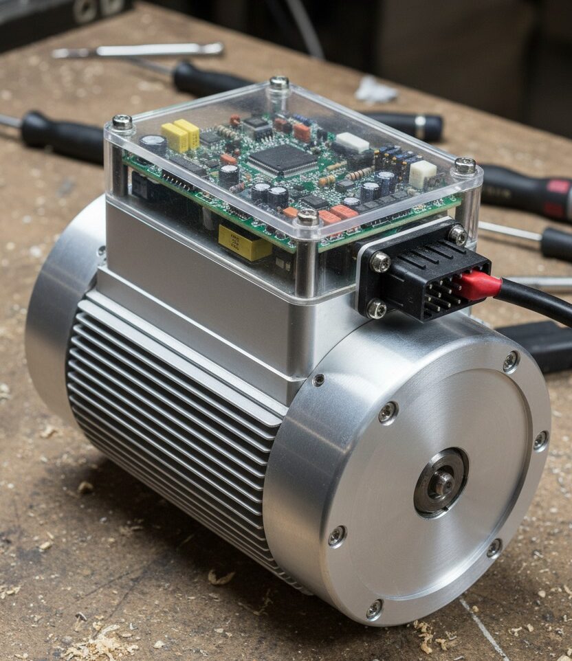 A cylindrical silver electric motor with cooling fins and a transparent control board mounted on top sits on a workshop workbench.