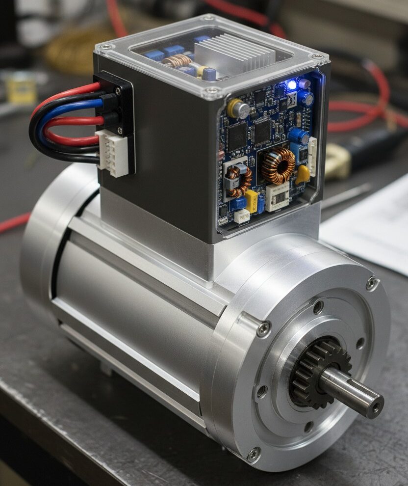 A silver electric motor with an attached electronic controller sits on a workbench.