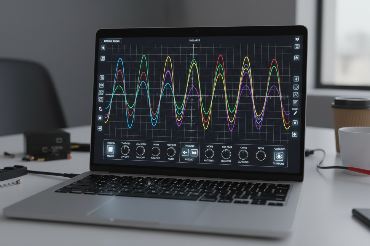 A laptop computer on a white desk displays a software interface with colorful, fluctuating sine wave graphs on a dark grid.