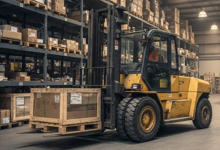 A yellow forklift carries a large wooden crate down an aisle in a vast warehouse filled with tall metal shelving units stocked with boxes.